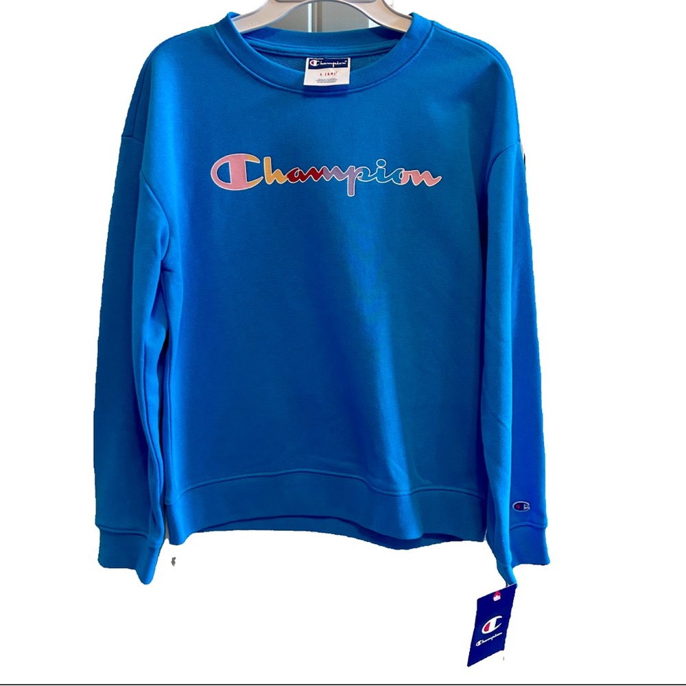 Champion Blue Sweatshirt with Rainbow Logo Print Girl’s size Large
